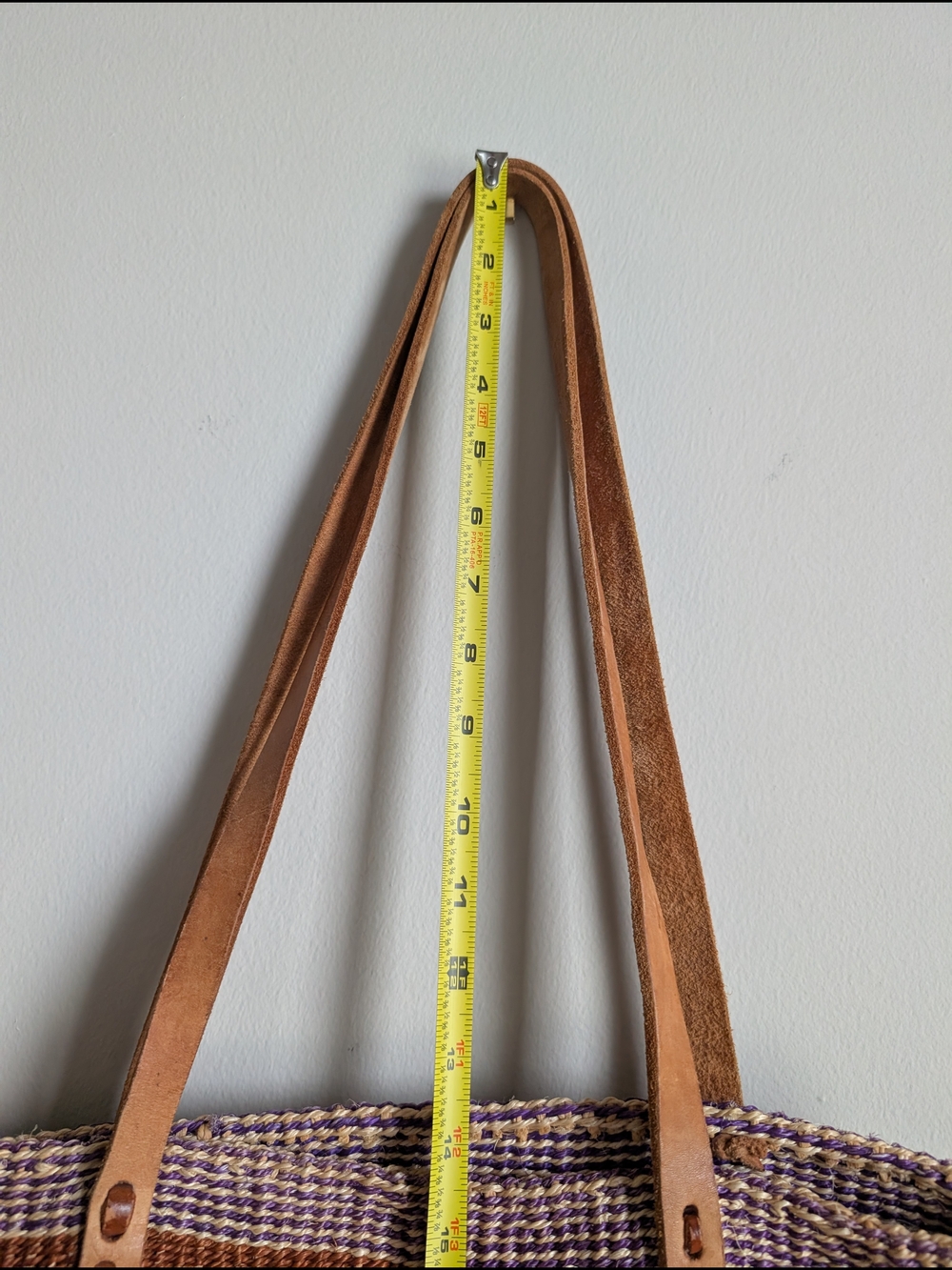 Sisal Kiondo Handwoven Stripe Summer Straw Tote Bag Brown/Purple leather Handle - Picture 5 of 9